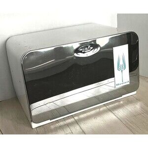 Vtg MCM Metal Bread Box Lincoln Beauty Box Chrome White Teal Shelf Cutting Board
